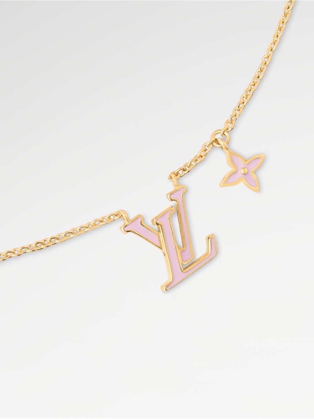 LV Gold Tone Necklace with Pink Enamel LV & Monogram Flower